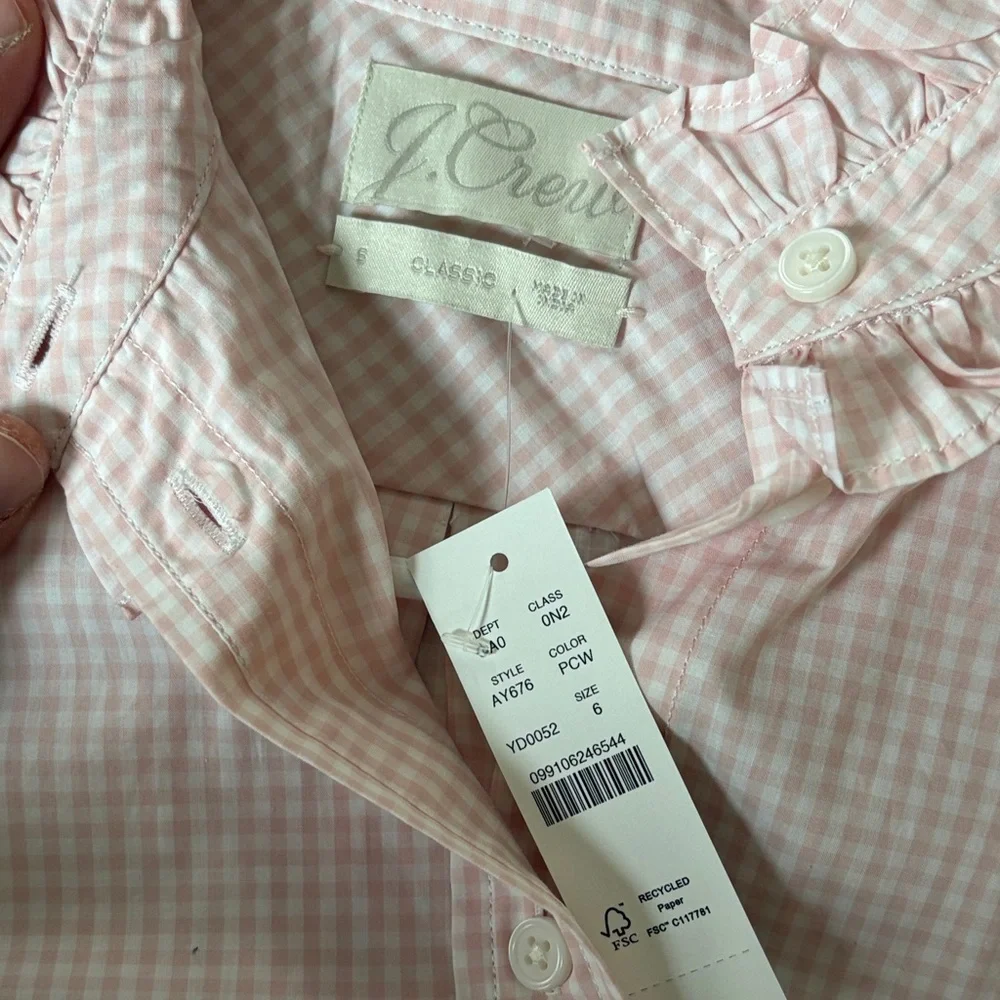 J Crew Pink Gingham Ruffle Collar Button-Up Blouse Size 6 - Picture 2 of 4